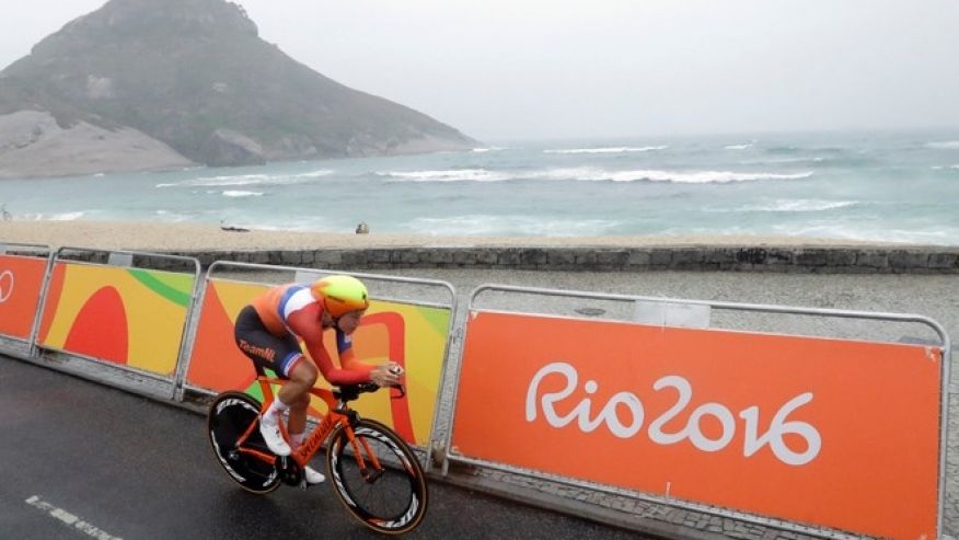 Cyclist Ellen van Dijk of Netherlands rides along Pontal beach during the women's individual time trial event at the 2016 Summer Olympics in Rio de Janeiro Brazil Wednesday Aug. 10 2016