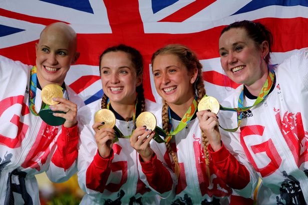 Great Britain's Joanna Rowsell Shand Elinor Barker Laura Trott and Katie Archibald celebrate winning gold