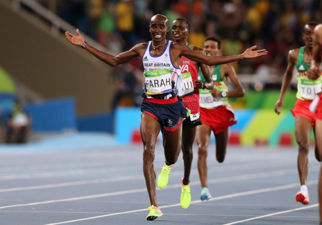 Great Britain's Mo Farah celebrates winning the 10,000m final at the Olympics Stadium in Rio