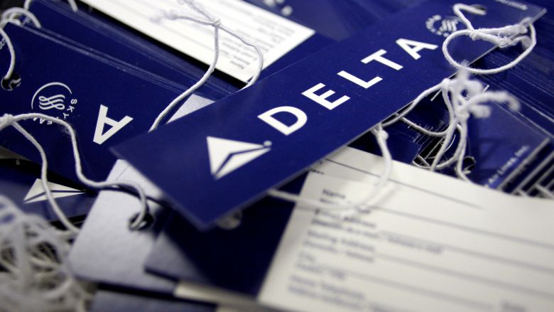 Delta airline name tags are seen at Delta terminal in JFK Airport in New York