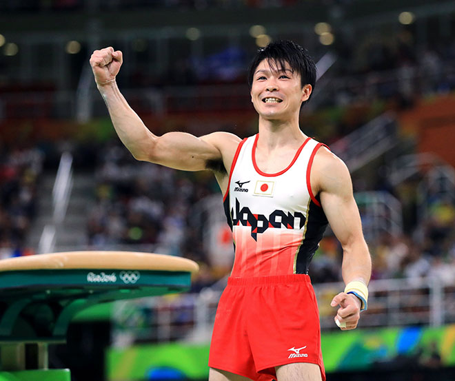 Gymnast Kohei Uchimura gives a fist pump after his performance on the vaulting horse in the Rio de Janeiro Olympics on Aug. 8