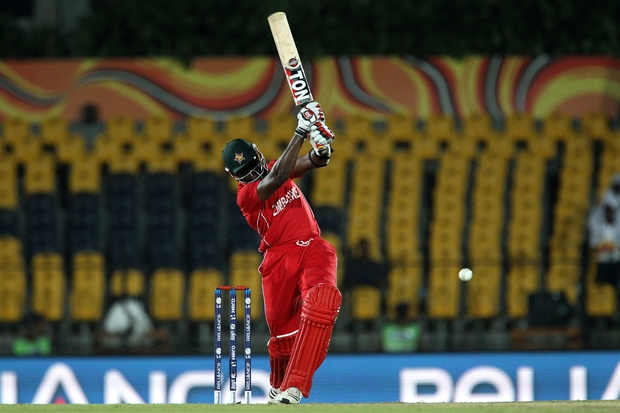 Hamilton Masakadza drives a delivery from Morne Morkel during the ICC World Twenty20 Pool C match between South Africa and Zimbabwe in Hambantota Sri Lanka on the 20th September 2012