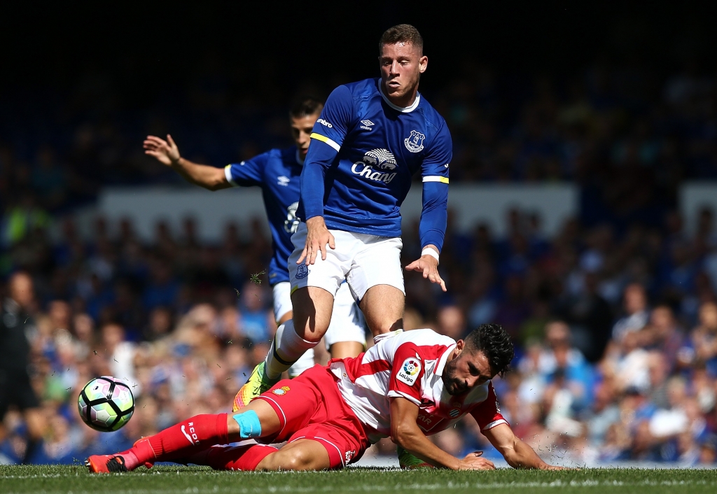 LIVERPOOL ENGLAND- AUGUST 06 Ross Barkley of Everton battles with Alvaro Gonzalez of Espanyol during the pre-season friendly match between Everton and Espanyol at Goodison Park