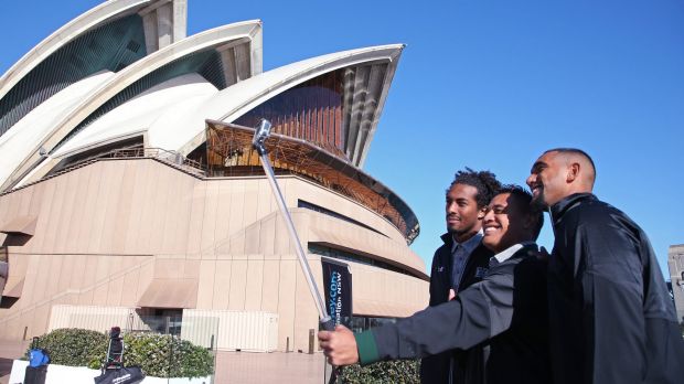 Hawaii Rainbow Warriors players Marcus Kemp left Steven Lakalaka and Makan Kema Kaleiwahia enjoy the sites around Sydney