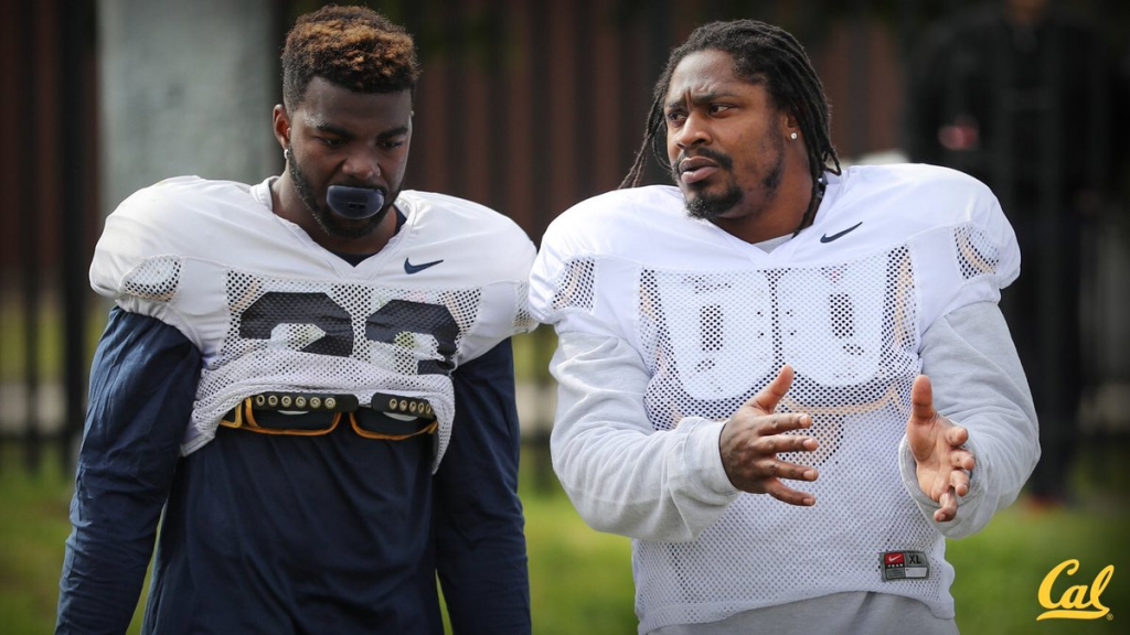 Former NFL running back Marshawn Lynch joins Cal's first padded practice in Sydney