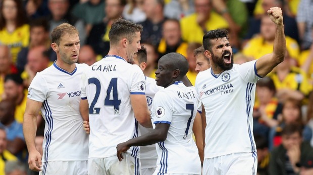 Diego Costa of Chelsea celebrates scoring their winning goal during the Premier League match between Watford and Chelsea