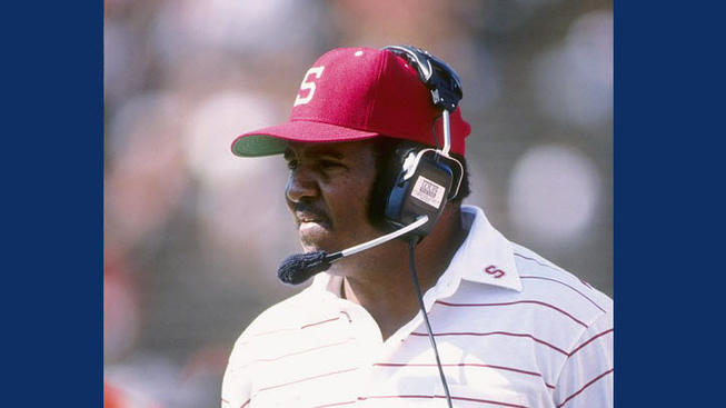 Head coach Dennis Green of the Stanford Cardinal looks on during a 1989 game against the Oregon Ducks. Stanford won the game 18-17