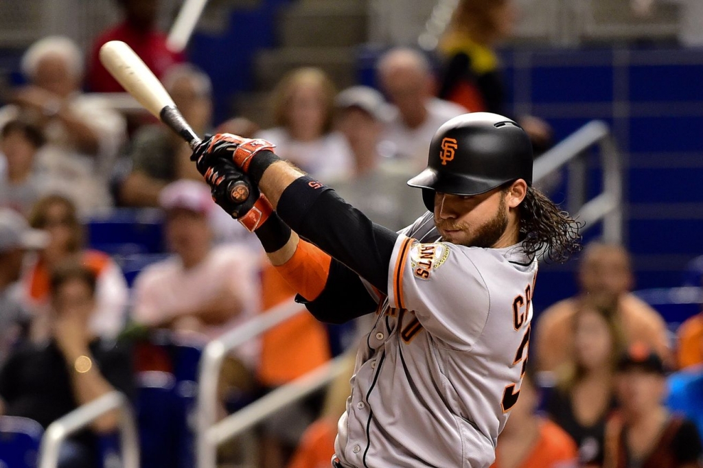 Here is Brandon Crawford hitting one of his 7 hits which is a lot of hits- Steve Mitchell-USA TODAY Sports