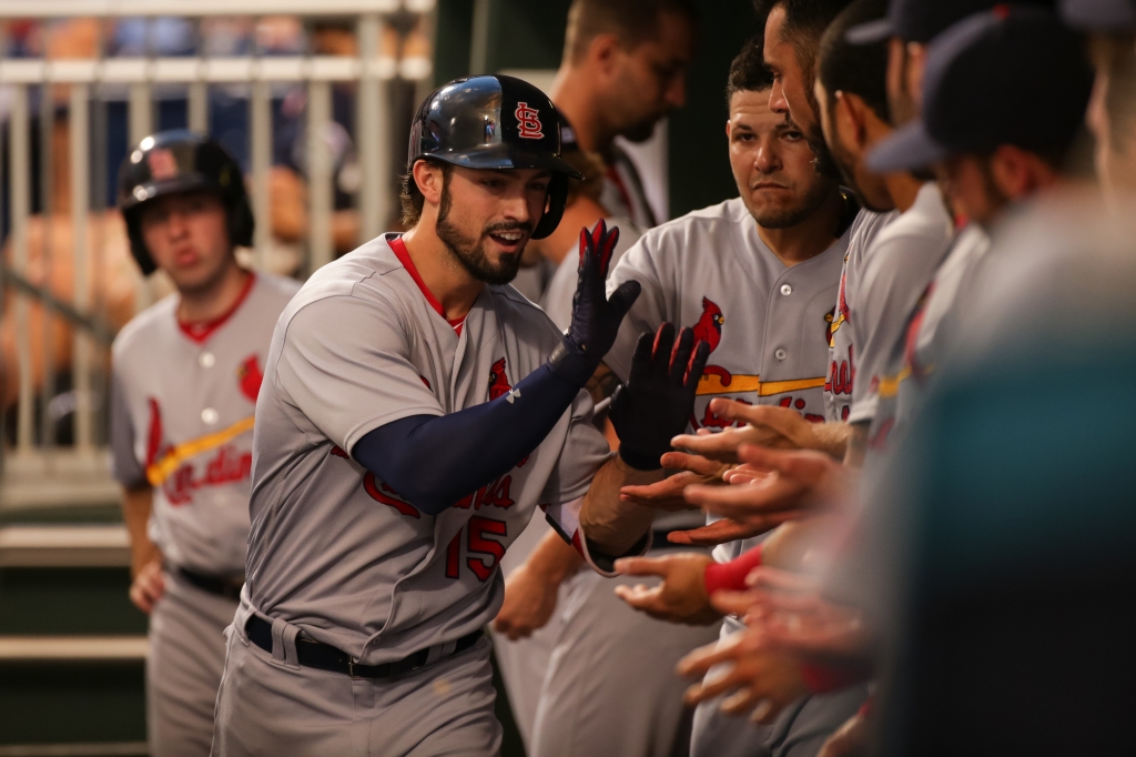 PHILADELPHIA PA- AUGUST 19 Randal Grichuk #15 of the St. Louis Cardinals is congratulated by teammates after hitting a solo home run in the second inning during a game against the Philadelphia Phillies at Citizens Bank Park