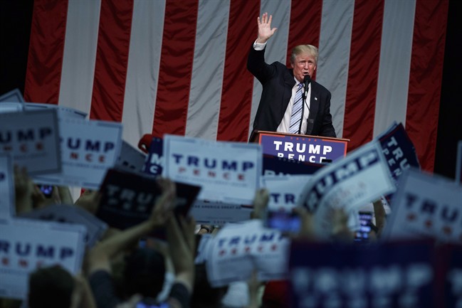 Republican presidential candidate Donald Trump waves after speaking during a campaign rally at Sacred Heart University Saturday Aug. 13 2016 in Fairfield Conn. The Canadian government has begun a wide-ranging exercise to plan for the potential effect