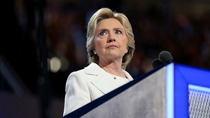 Hillary Clinton 2016 Democratic presidential nominee pauses while speaking during the DNC in Philadelphia Pennsylvania