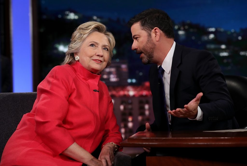 Democratic presidential nominee former Secretary of State Hillary Clinton talks with Jimmy Kimmel on the set of Jimmy Kimmel Live on Aug. 22 2016