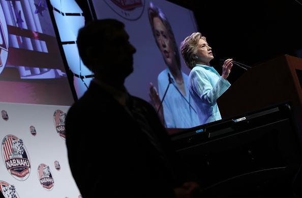 Democratic presidential nomiee Hillary Clinton addresses the National Association of Black Journalists and the National Association of Hispanic Journalists