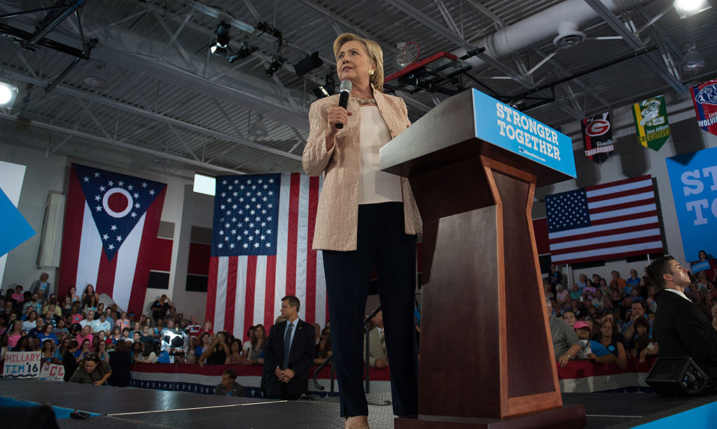 Democratic presidential candidate Hillary Clinton speaks to supporters at a rally at John Marshall High School