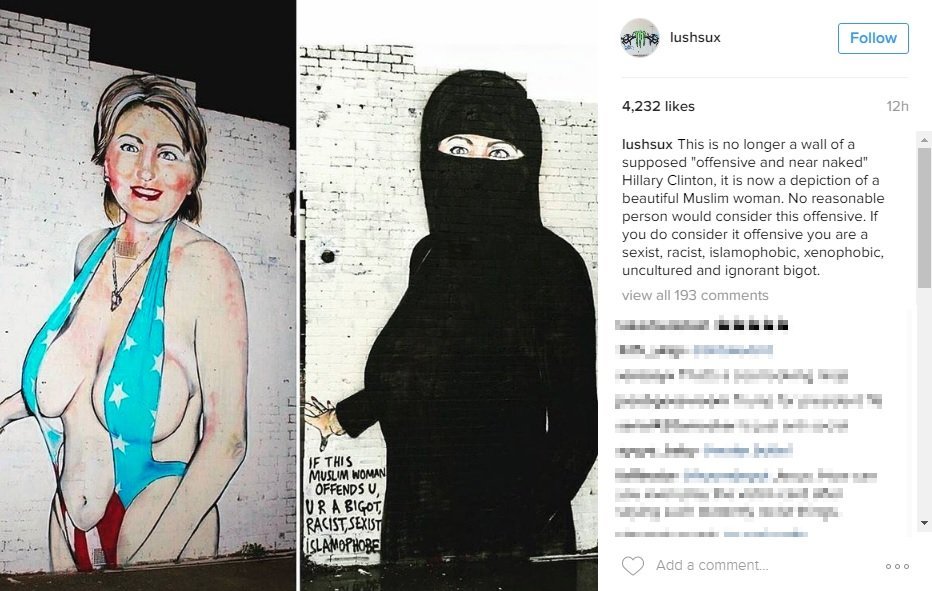 A controversial mural of Hillary Clinton will be allowed to remain after the artist modified it from depicting the politician in a revealing swimsuit to one where she is wearing a burqa instead. The work by street artist Lushsux showed the first female