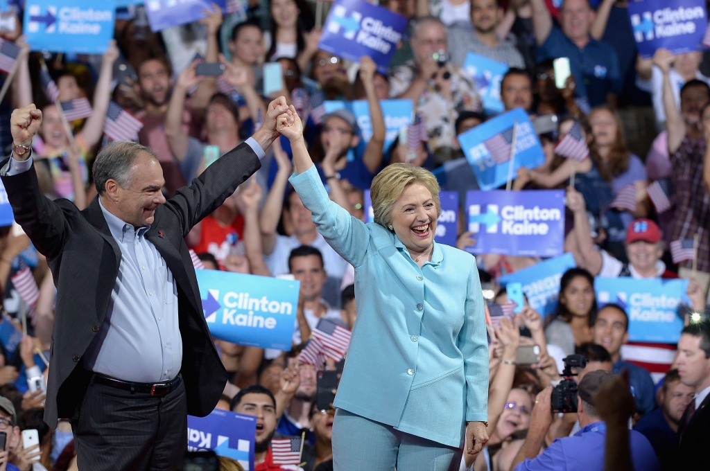 Democratic presidential candidate former Secretary of State Hillary Clinton and Democratic vice presidential candidate U.S. Sen. Tim Kaine attend together a campaign rally at Florida International University Panther Arena