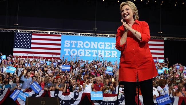 US Democratic presidential nominee Hillary Clinton greets supporters during a campaign rally at the David L. Lawrence Convention Center