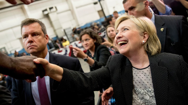 Democratic presidential candidate Hillary Clinton greets supporters after giving a speech on the economy at Futuramic Tool & Engineering in Warren Mich. Thursday Aug. 11 2016