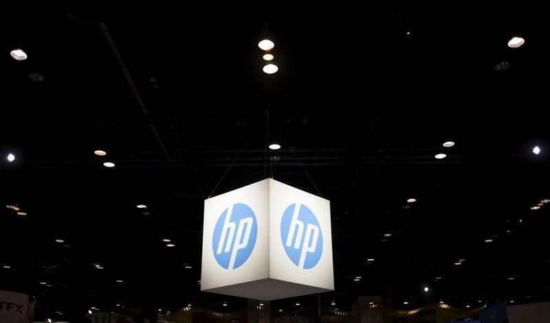 The Hewlett Packard logo is seen as part of a display at the Microsoft Ignite technology conference in Chicago