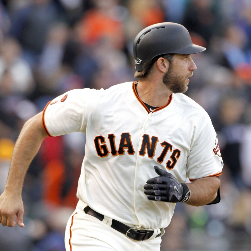 San Francisco CA USA San Francisco Giants pitcher Madison Bumgarner looks towards left field after hitting a RBI double against the Chicago Cubs in the fifth inning at AT&T Park. Mandatory Credit Cary Edmondson-USA TODAY Sports