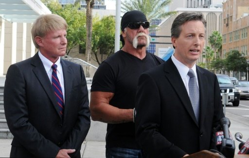 Hulk Hogan and his attorneys David Houston and Charles Harder attend a press conference in Tampa Florida-AFP