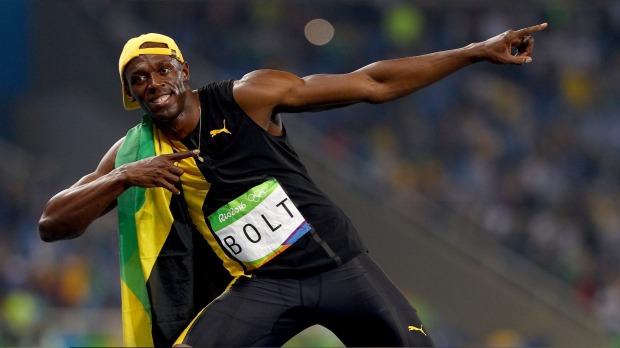 Usain Bolt of Jamaica celebrates winning the Men's 100m Final on Day 9 of the Rio 2016 Olympic Games