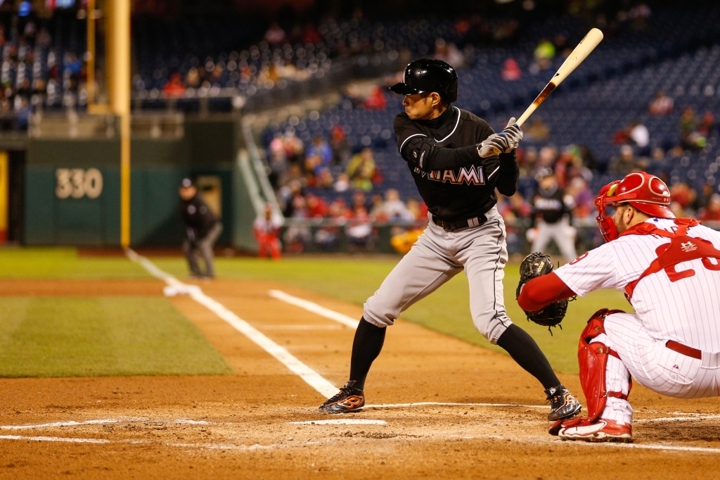 PHILADELPHIA PA- OCTOBER 03 Ichiro Suzuki #51 of the Miami Marlins bats in the first inning of the second game of a double header against the Philadelphia Phillies at Citizens Bank Park