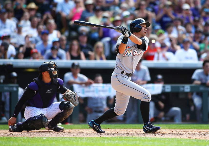 August 07 2016 Miami Marlins Outfielder Ichiro Suzuki connects for a triple and his 3,000th career hit during a regular season Major League Baseball game between the Colorado Rockies and the visiting Miami Marlins at Coors Field in Denver CO. (Pho