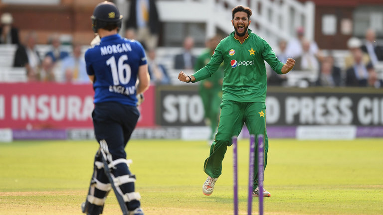 Imad Wasim celebrates dismissing England captain Eoin Morgan at Lord's