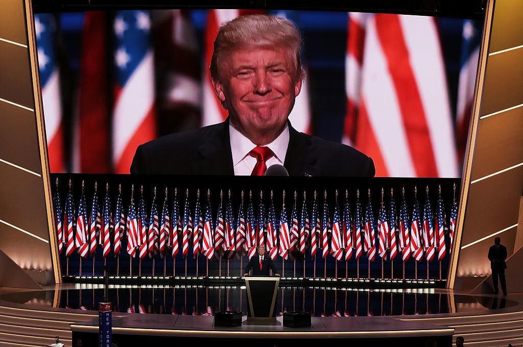 CLEVELAND OH- JULY 21 Republican presidential candidate Donald Trump delivers a speech during the evening session on the fourth day of the Republican National Convention