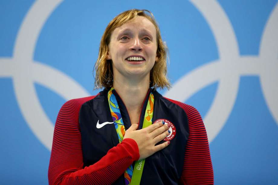 RIO DE JANEIRO BRAZIL- AUGUST 12 Katie Ledecky of United States celebrates on the podium after winning gold in the Women's 800m Freestyle Final on Day 7 of the Rio 2016 Olympic Games at the Olympic Aquatics Stadium