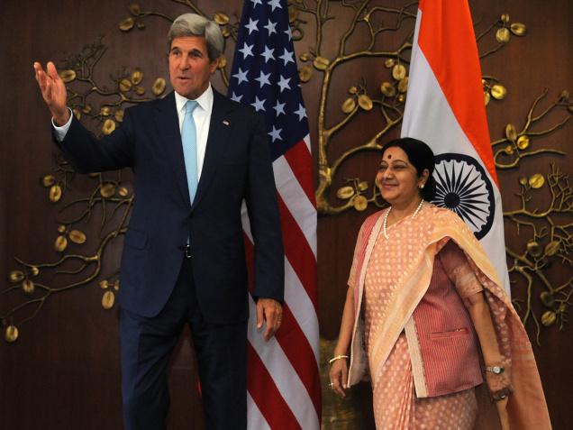 U.S. Secretary of State John Kerry with External Affairs Minister Sushma Swaraj prior to a meeting in New Delhi on Tuesday