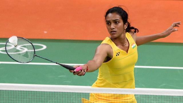 India's badminton player P V Sindhu plays during the Women's Single match at the Summer Olympic 2016