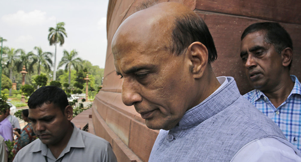 Indian Home Minister Rajnath Singh centre comes out from parliament house