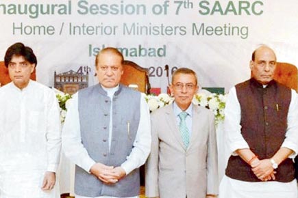 Pakistan PM Nawaz Sharif with Home Minister Rajnath Singh and Pakistan’s Interior Minister Chaudhry Nisar Ali Khan at the 7th SAARC Home  Interior Ministers meeting in Islamabad yesterda