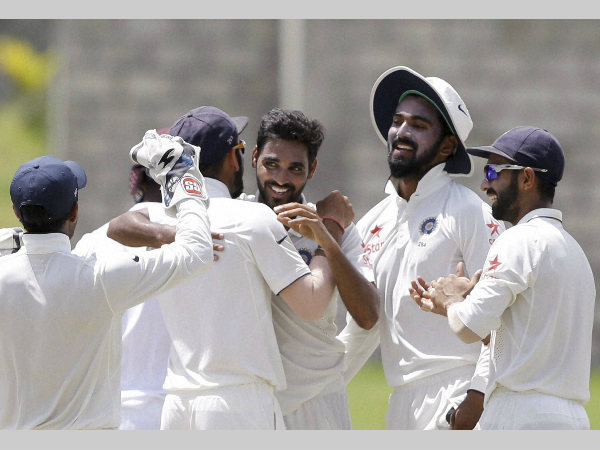 Indian players celebrate a West Indian wicket on the 5th day of the 3rd Test