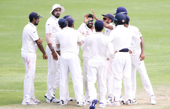 Indian players celebrate the dismissal of his West Indies’ Roston Chase during their third Test match in Gros Islet St. Lucia Aug. 12. — AP