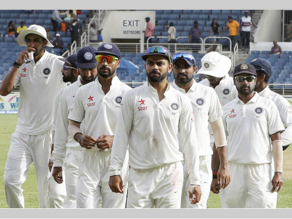 Indian players walk off the field after the 2nd Test against West Indies ended in a draw in Kingston