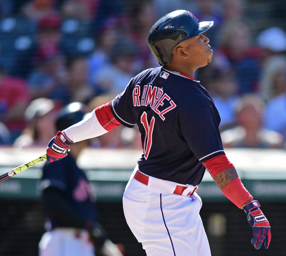 Cleveland's Jose Ramirez hits a two-run homer off Toronto relief pitcher Brett Cecil in the eighth inning of the Indians 3-2 win Sunday in Cleveland