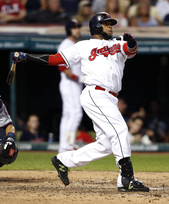 Cleveland Indians&#039 Carlos Santana hits a two-run home run off Minnesota Twins starting pitcher Kyle Gibson during the fifth inning of a baseball game Tuesday Aug. 2 2016 in Cleveland