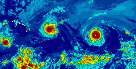 Infrared satellite view of Hurricanes Madeline and Lester