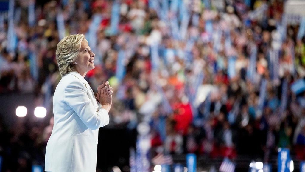 Democratic presidential candidate Hillary Clinton stands on stage after speaking during the fourth day session of the Democratic National Convention in Philadelphia