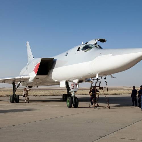 Aug. 15 2016 A Russian Tu-22 M3 bomber stands on the tarmac at an air base near Hamedan Iran. Russian warplanes took off on Tuesday Aug. 16 from Iran to target Islamic State fighters and other militants in Syria