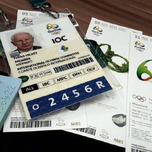 Ireland's Patrick Hickey a member of the International Olympic Committee's executive board that include his Olympics&#039 credential and passport are displayed alongside Olympic tickets during a police press con