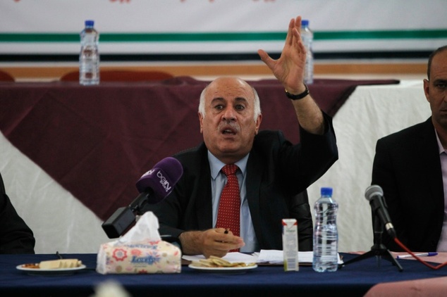 Palestinian Football Association President Jibril Rajoub speaks during a meeting in the Israeli-occupied city of Hebron announcing a decision to postpone a