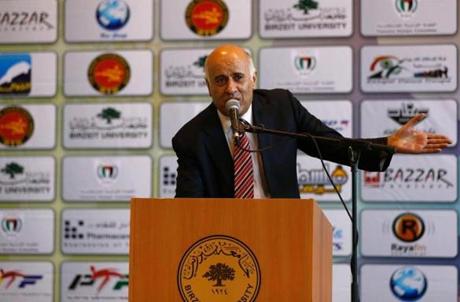 Palestinian Football Association President Jibril Rajoub speaks at the opening of the International Taekwondo Championships at the Birzeit University in the West Bank city of Ramallah