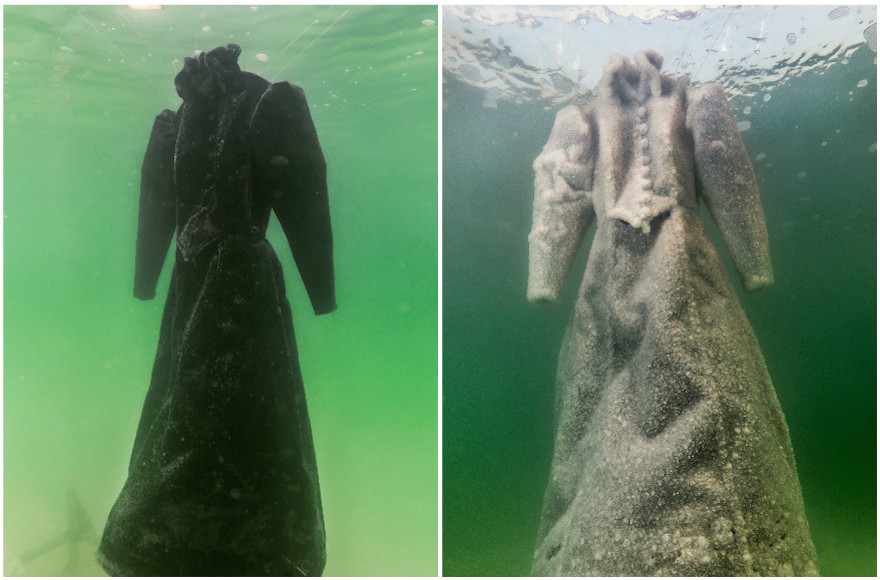 Israeli artist Sigalit Landau left a black dress in the Dead Sea allowing it to crystallize