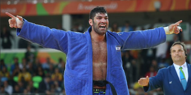 Israeli judoka Ori Sasson celebrates winning a bronze medal at the 2016 Rio Olympics