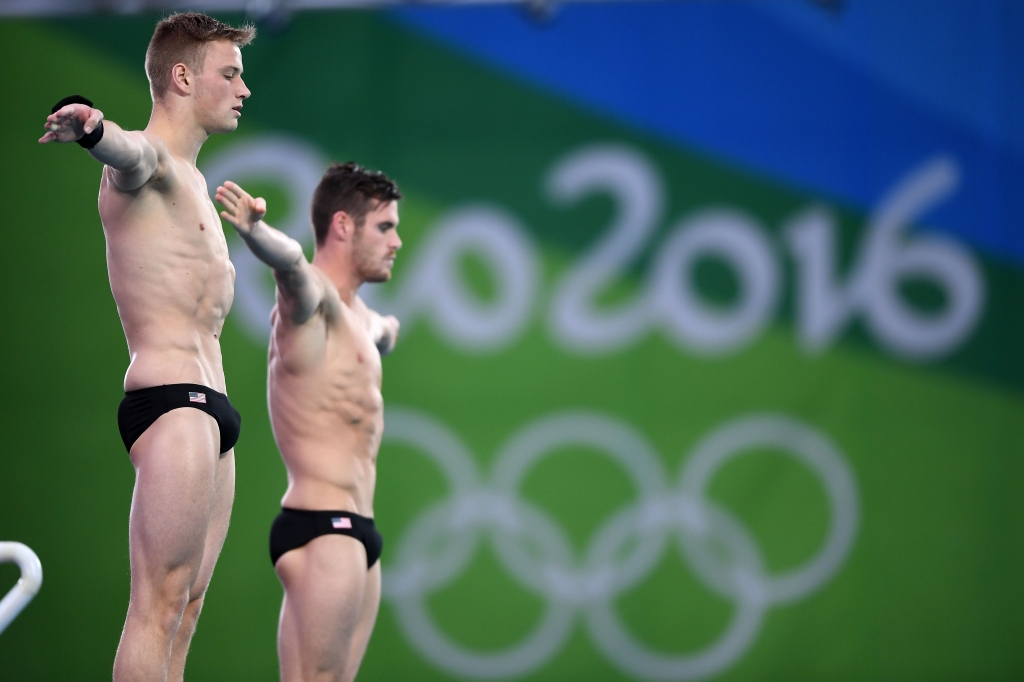 David Boudia and Steele Johnson of the United States compete in the Men's Diving Synchronized 10m Platform Final on Day 3 of the Rio 2016 Olympic