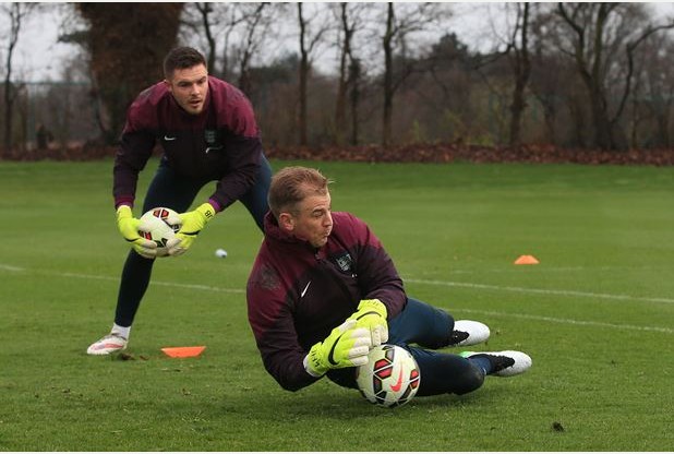 Jack Butland and Joe Hart during an England training session